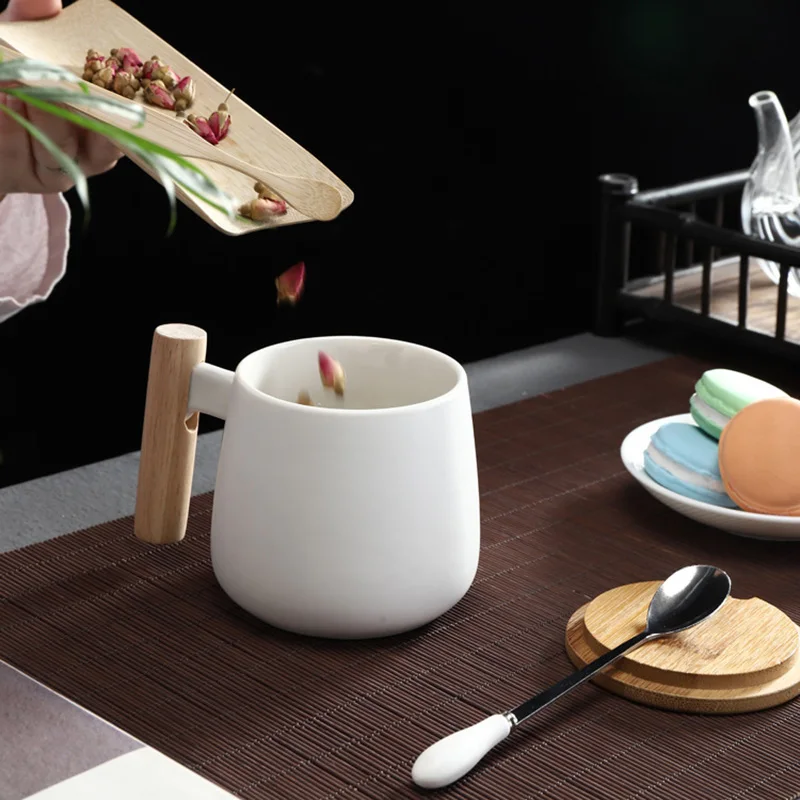 Stil Nordic mâner de lemn Cani Ceramice Cani de Cafea de Mare capacitate cană cu lingură capac cana de cafea ceasca de ceai biroul de acasă drinkware 4