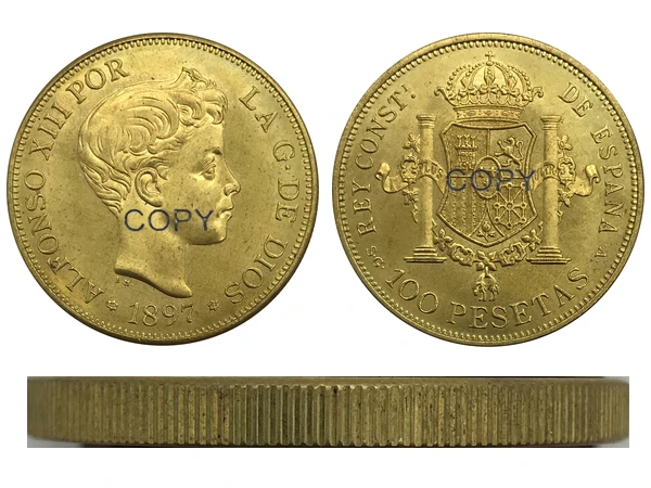 1897 Spain 100 Pesetas Alfonso al XIII-lea a 3-portret de monede de aur din Alamă Colecție Copia Monede 0