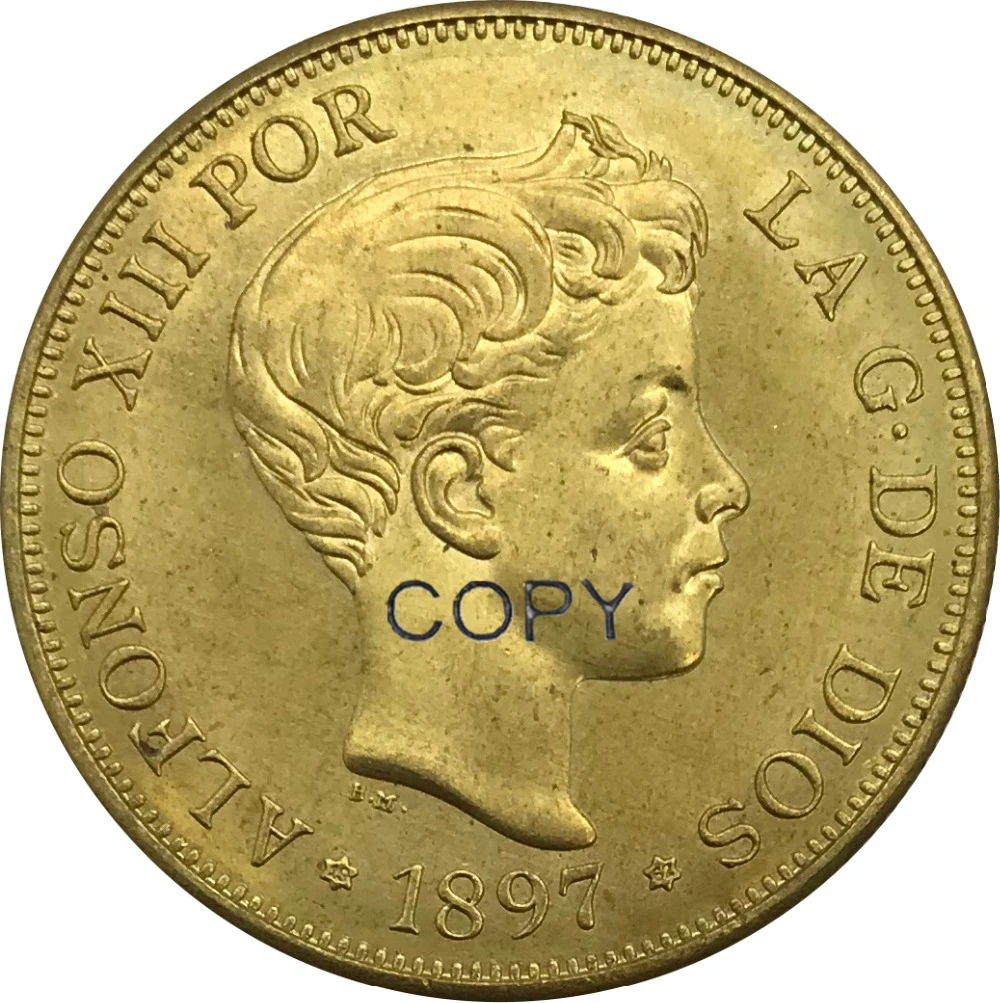 1897 Spain 100 Pesetas Alfonso al XIII-lea a 3-portret de monede de aur din Alamă Colecție Copia Monede 1