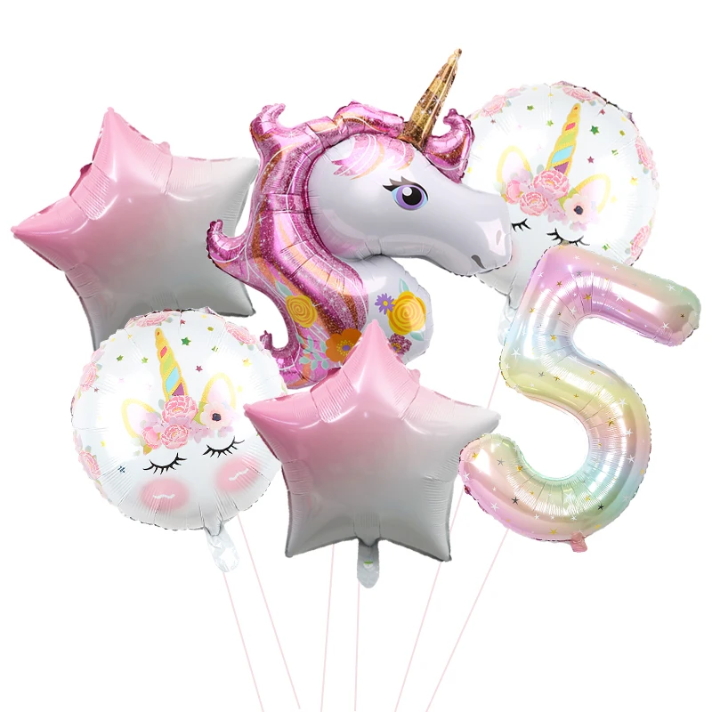 6pcs Unicorn Petrecere Temă Baloane Folie 1-9 Fete Ziua de naștere Copil de Dus Decoratiuni Star Tur Folie de Aluminiu Globos 5