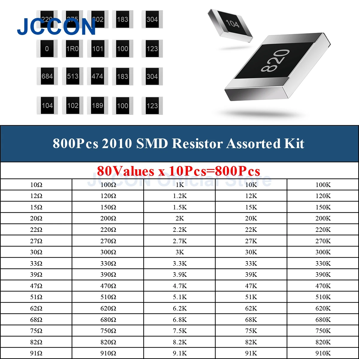 800Pcs 2010 SMD Rezistor Asortate Kit 10R-910K 80Values x 10buc=800Pcs Eșantion Kit Chip Rezistor Fix DIY 1