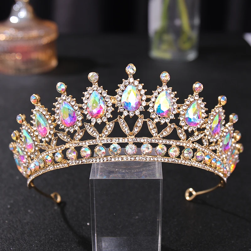 Aur Colorat Cristal de Mireasa Diademe Și Coroane AB Complet Stras Regina Printesa Diademele De Mireasa pentru Femei Ornamente de Păr 0