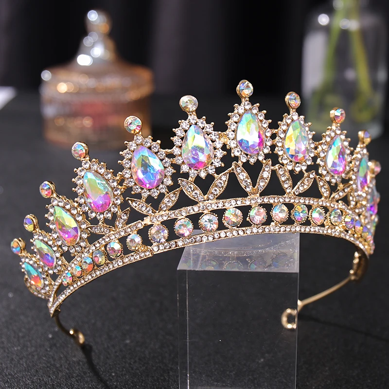 Aur Colorat Cristal de Mireasa Diademe Și Coroane AB Complet Stras Regina Printesa Diademele De Mireasa pentru Femei Ornamente de Păr 1
