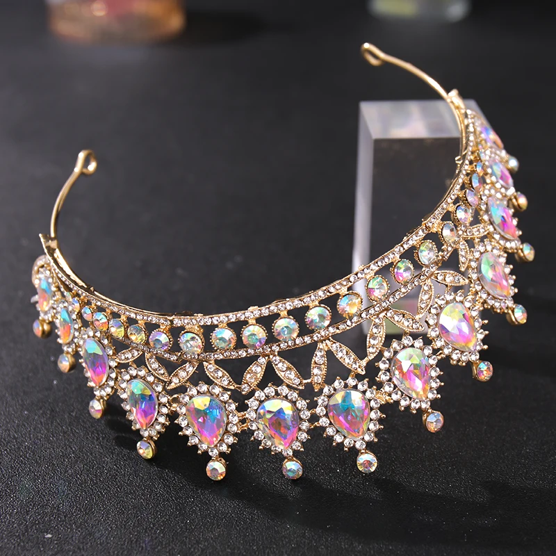 Aur Colorat Cristal de Mireasa Diademe Și Coroane AB Complet Stras Regina Printesa Diademele De Mireasa pentru Femei Ornamente de Păr 2