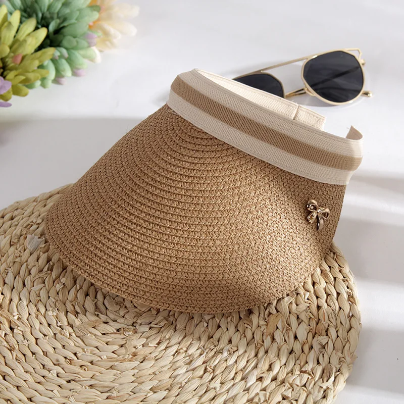 Moda Vara Pălărie de Paie pe Plajă Viziere Pălărie Femei Fete Margine Largă Gol de Sus Palarie de Soare Casual Umbra Pălăria în aer liber UV, Capac de Protecție 4